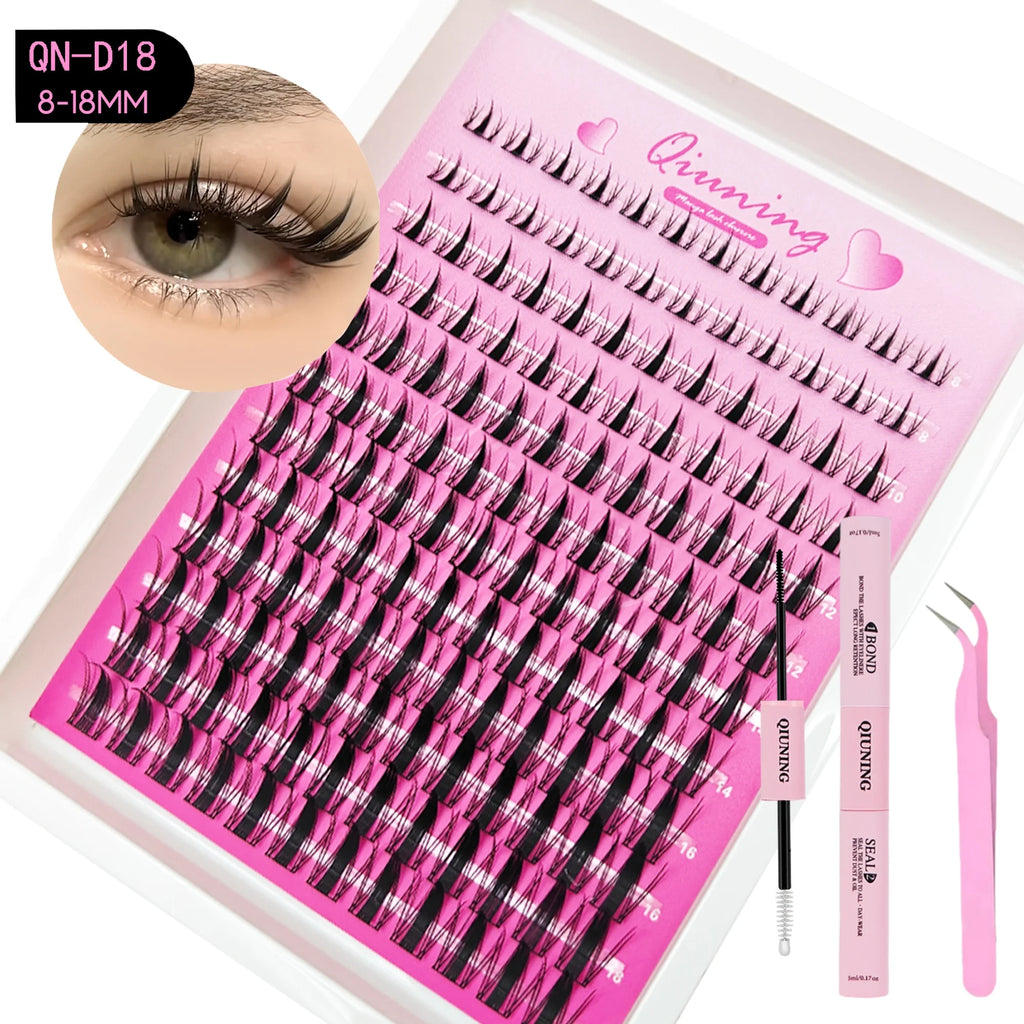 QIUNING Manga Lash Clusters Kit Cat Lashes with Lash Bond & Seal Cluster Eyelash Extensions Mixed Tray Eyelash Clusters Kit