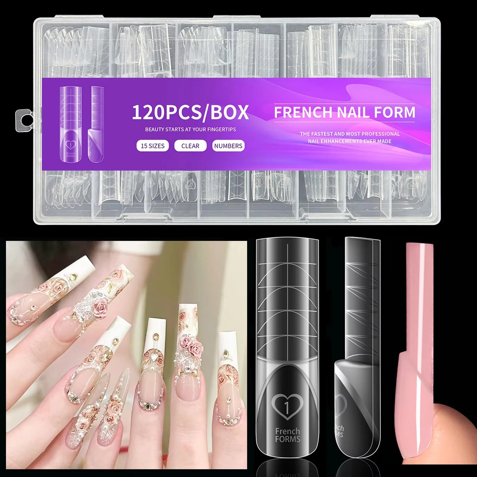 150Pcs Space French Nail Dual Forms Clear Nail Extension 15 Sizes Nail Forms Reusable Nail Tips For Gel Manicure DIY Salon Tools
