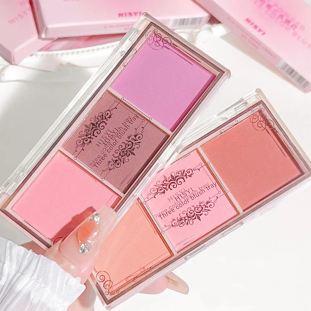 Three color blush tray, milk tea tone, matte and pearl natural gloss, brightening, long-lasting, no fly powder rouge makeup
