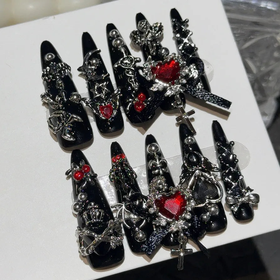 Menhera Y2K Spice Girls Black Red Long Tip Handmade Press On Nails Cross Spider Love Diamond Fake Nails Bow Cool Dark Nail Art