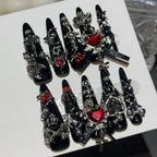 Menhera Y2K Spice Girls Black Red Long Tip Handmade Press On Nails Cross Spider Love Diamond Fake Nails Bow Cool Dark Nail Art
