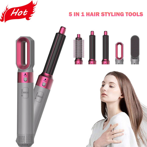 Hot Air Brush 5 in 1 Hair Dryer Set, Straightener Curler Styler Comb, Travel-Friendly Ionic Blow Dryer Brush