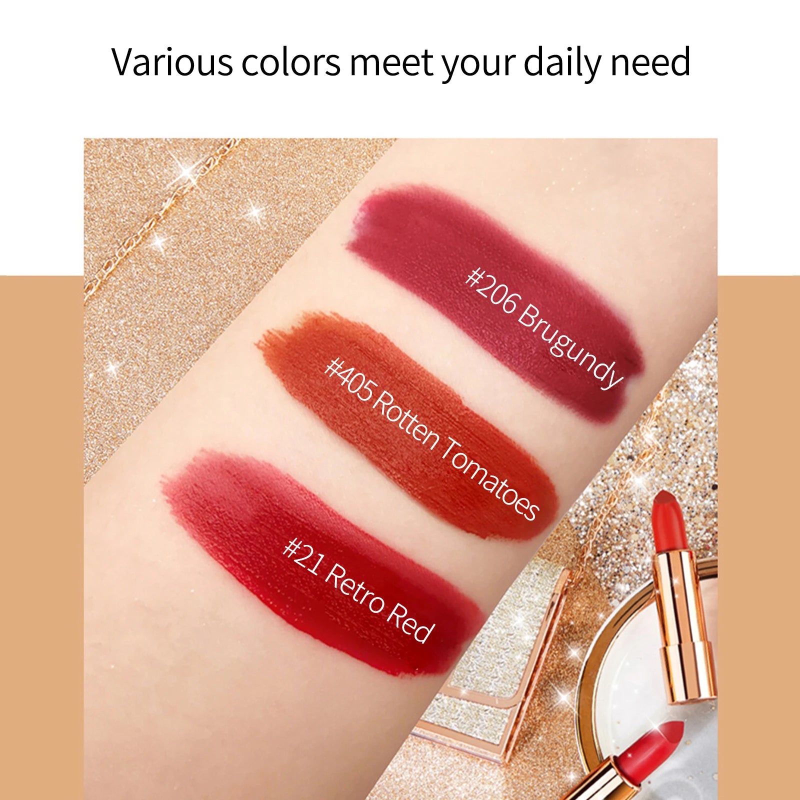 Matte Lipstick Set 3 Colours with Silver Chain Shining Bag Waterproof Non-Stick Long Lasting Red Lip Makeup 3.5gx3pcs