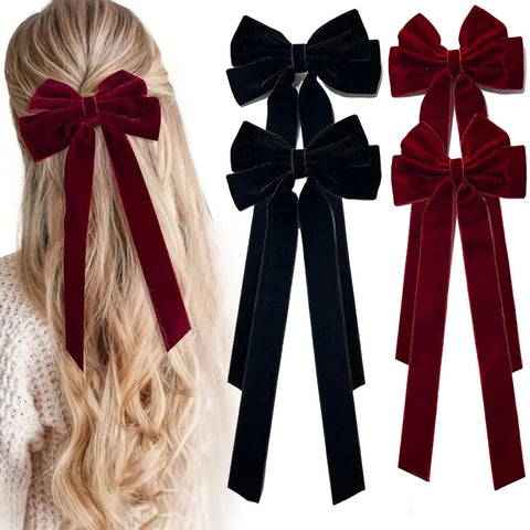 Velvet Hair Clip for Women Elegant Handmade Black Red Green Double Bows Barrette Pin Long Tassel Hair Accessories Christmas Gift