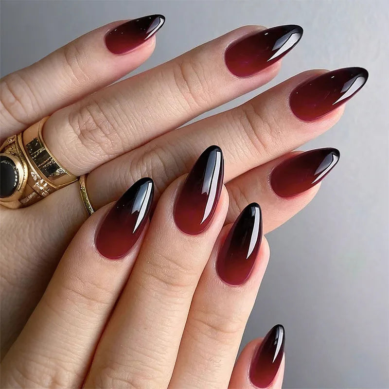 24pcs Black Gradients Long Paragraph Fashion Manicure Patch Reusable Adhesive False Nails Almond Fake Nails Press On Stiletto