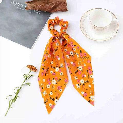 2023 Fashion Print Chiffon Long Ribbon Scrunchies Women Girls Ponytail Scarf Elastic Hair Bands Ties Hair Accessories Wholesale