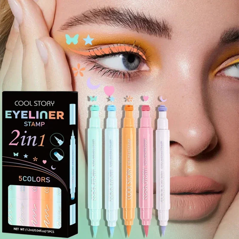 5Pc/Set Love Flowers Eyeliner Stamp Pen Colorful Pink Blue Liquid Eyeliner Double-ended Seal Eye Liner Pencil Fast Drying Makeup