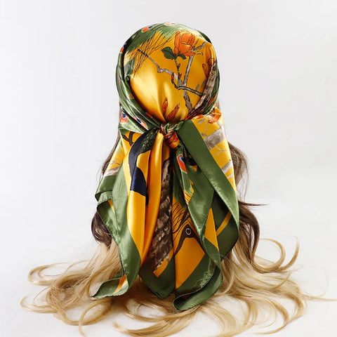 Satin Square Scarf Women Muslim Hijab Elegant 2025 Print Silk Neckerchief Shawl Wraps Headband Handle Hair Accessories Bandana
