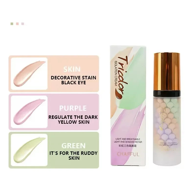Face Makeup Primer Tri-color Cream Contour Color Isolation Waterproof Makeup Foundation Natural Makeup Base Cream 40g