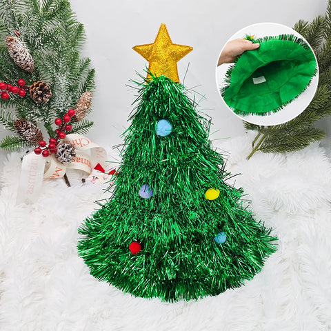 Christmas Tree Hats Fabric Rain Silk Hat for Adults Kids Funny Santa Hat with Tinsel Xmas Holiday Party Costume New Year Decor
