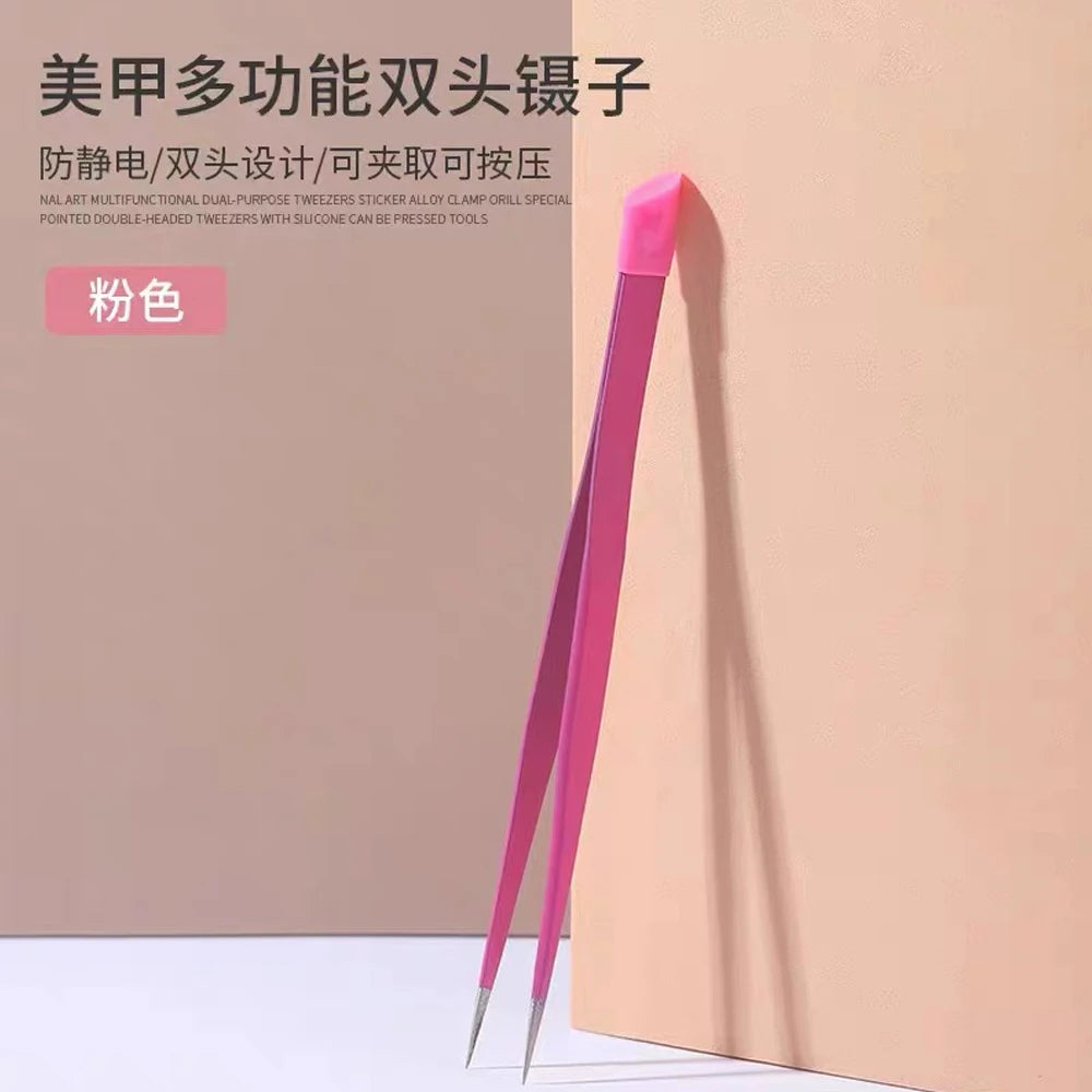 Black/Pink Double Headed Tweezers Stainless Steel Slant Tip Makeup Tool Silicone Press Head For Nail Stickers Eyelashes Tweezers