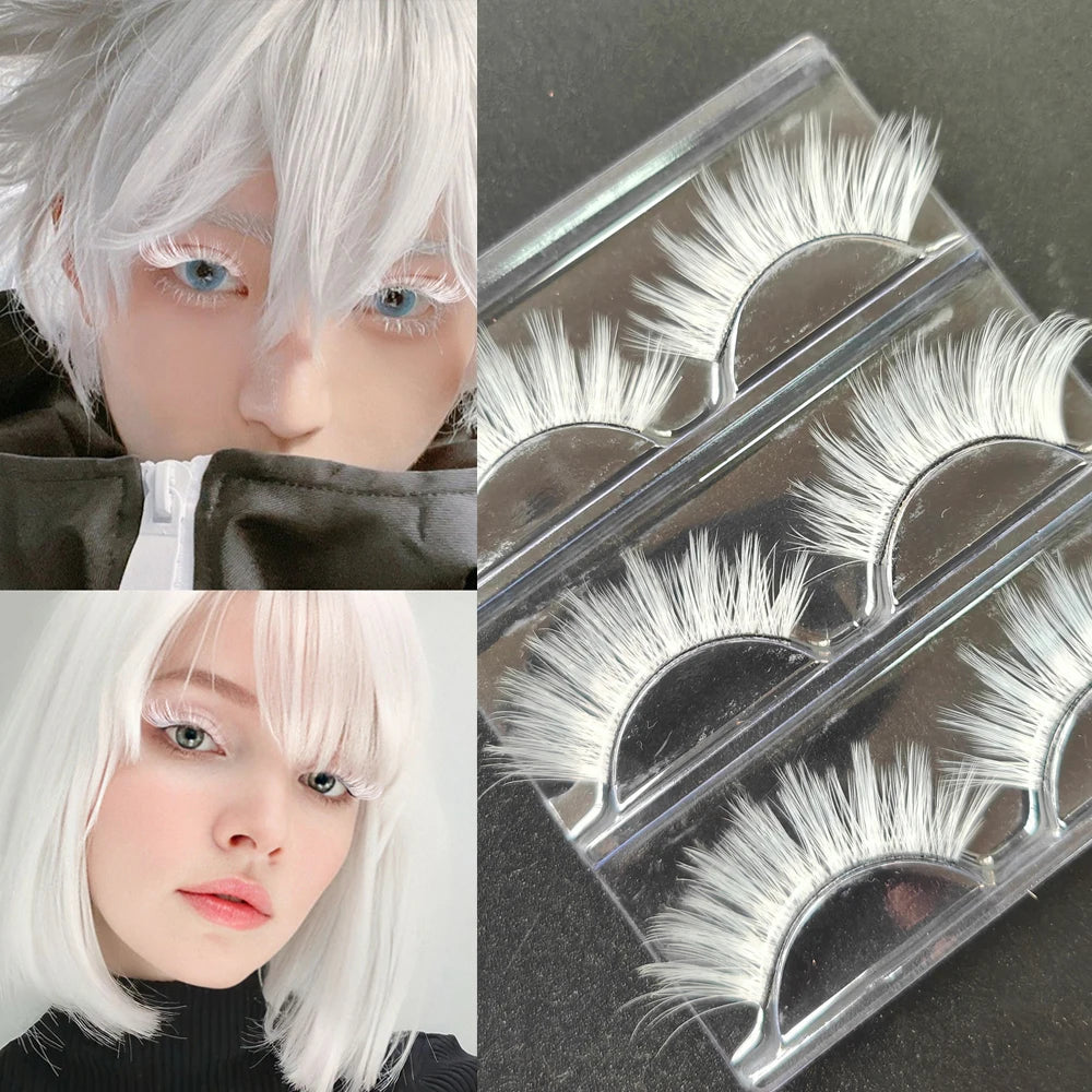 3 Pairs White Eyelashes Black Band Cosplay Makeup Natural Long Cross Strip Eye Lashes Stage Makeup Show Halloween Party