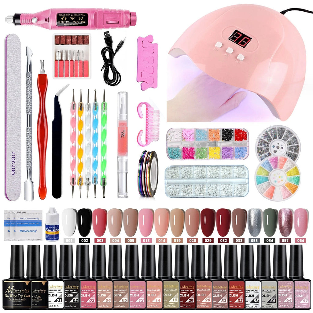 Gel Polish Set Nail Art Kit with UV LED Lamp - Complete Beginner Manicure Tools Kit Including Drill and Brushes for DIY Salon