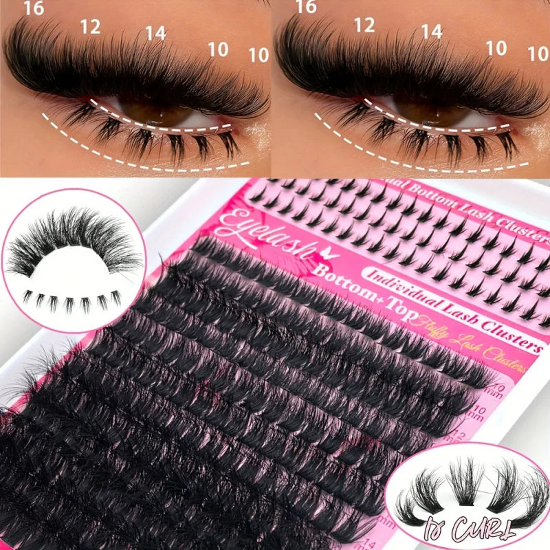 DIY False Eyelash Extension Kit, Individual Lash Clusters Bottom & Upper Lashes, Extra Thick & Fluffy Lashes for Beginners DIY