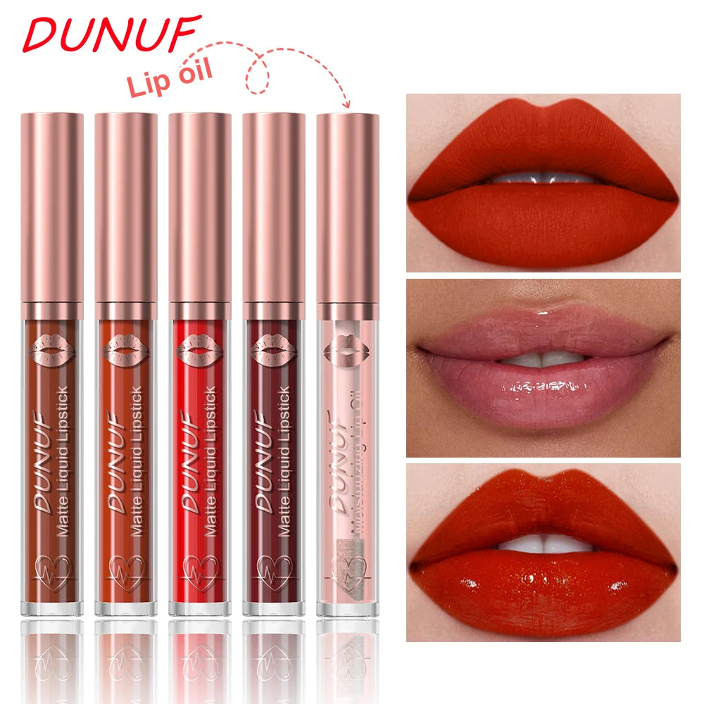 DUNUF Lip Gloss And Lip Oil Set 2-Piece Long-Lasting Waterproof Matte Moisturizing Non-Fading Lipstick Collection