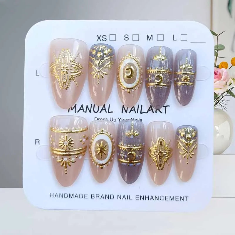 10Pcs French Style Almond Shape Blue Denim Gilded Baroque Press on Nails Manicure Starry Moon Gilding With Cat Eye Fake Nails