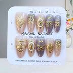 10Pcs French Style Almond Shape Blue Denim Gilded Baroque Press on Nails Manicure Starry Moon Gilding With Cat Eye Fake Nails