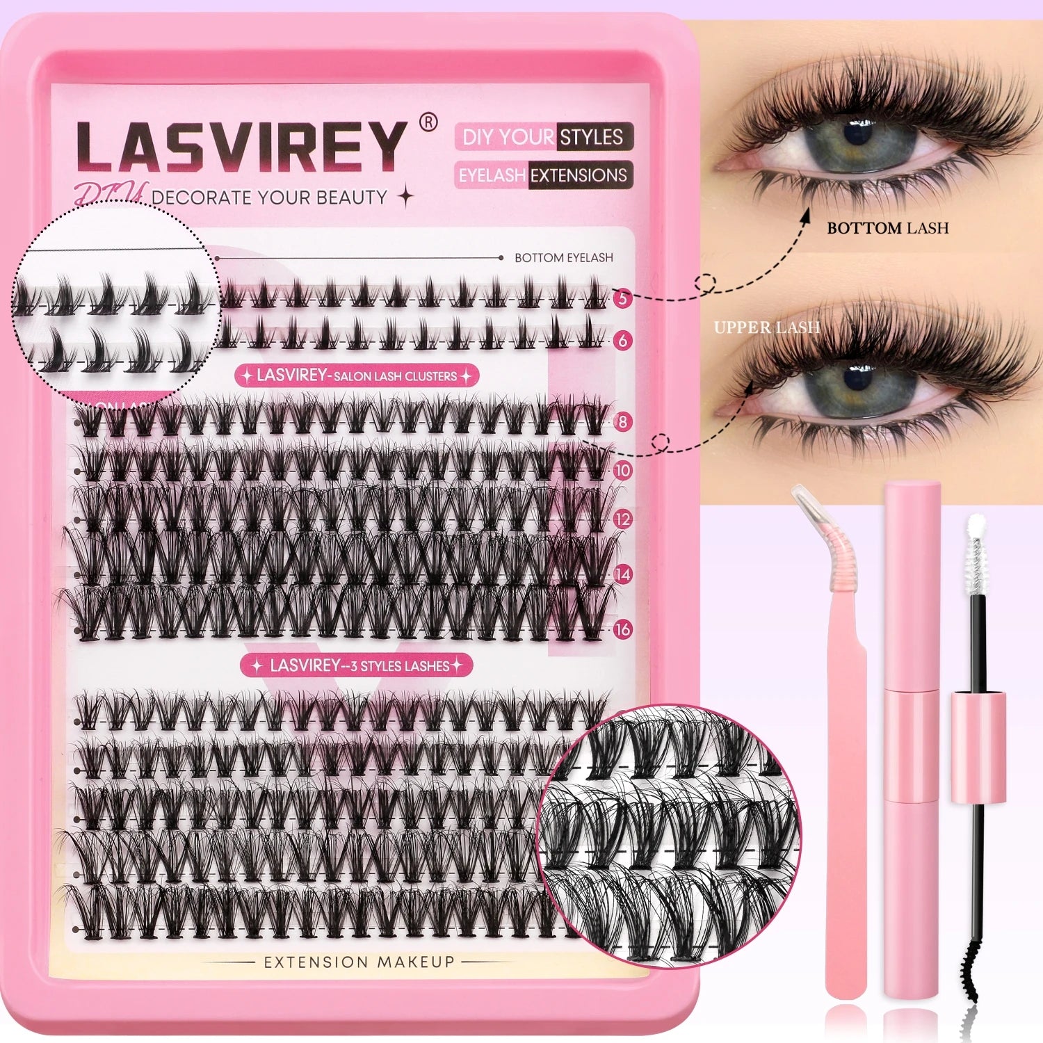 Lasvirey DIY Lashes Kit Fluffy Lash Clusters Kit Mixed Individual Eyelashes with Bottom Lashes Extension Cluster Lashes Makeup