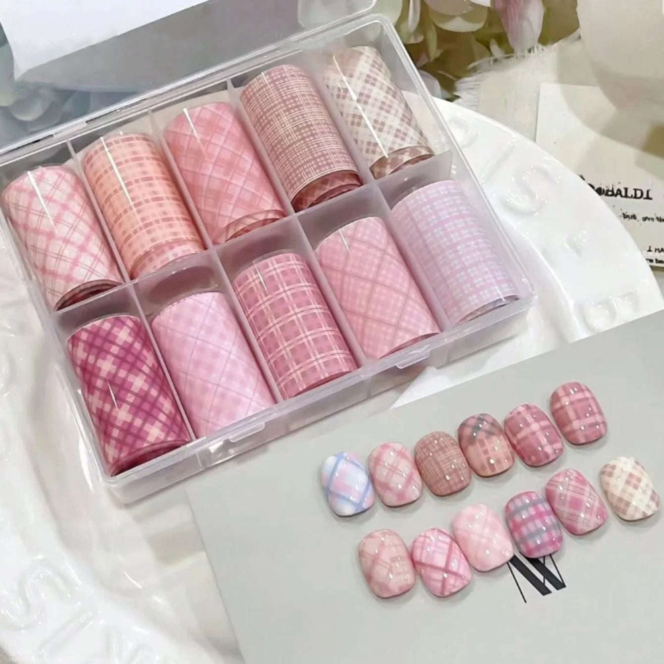 10pcs Nail Art Foil Transfer Paper Pink Grid Pattern Nail Stamping Stickers Sweety Cowboy Style Manicure Decals for DIY Nail