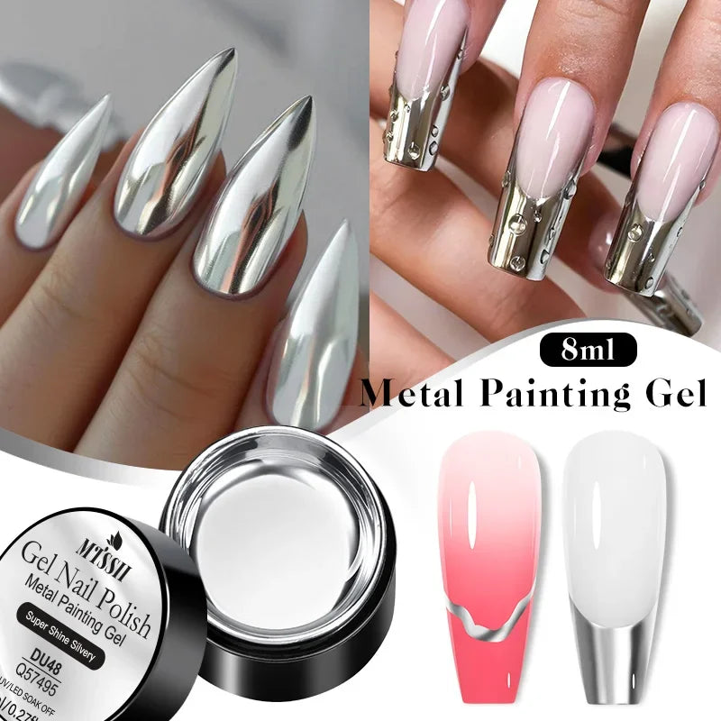 8ml Metallic Painting Gel Nail Polish Chrome Silver Mirror Effect Super Bright Drawing Line French Nail Art Gel Varnish DIY Nail
