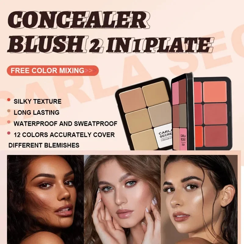12-Color Iron Box Blusher Plate Multi-Color Cream Blush Plate Concealer Plate Contour and Highlighter Palette Makeup Blush Face