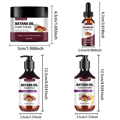 BATANA Oil Hair Care Kit - Strengthening Shampoo, Moisturizing Mask & Keratin Conditioner for All Hair Types Frizz Control 4pcs