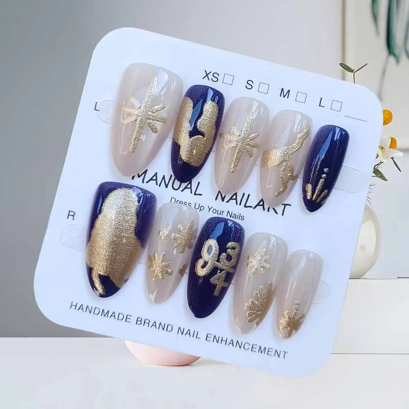 10Pcs French Style Almond Shape Blue Denim Gilded Baroque Press on Nails Manicure Starry Moon Gilding With Cat Eye Fake Nails