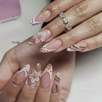 3D fake nails for women girls Gradient brown blue embossed flowers with rhinestones fall winter almond tips press on false nail