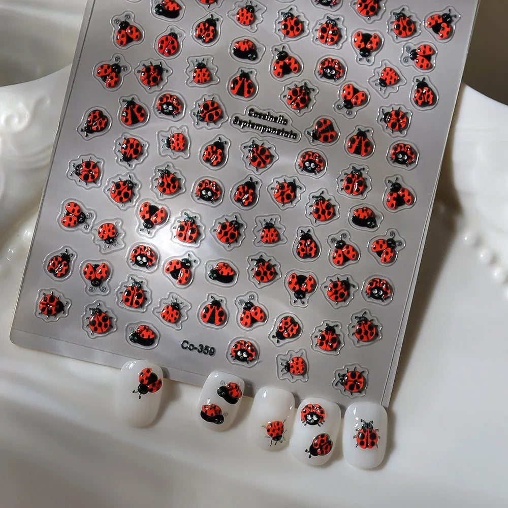 Coccinellidae Nail Art Stickers 5D Embossed Self-Adhesive Decals Mix Design Insect Nail Slider Cute Summer Nail Accessories