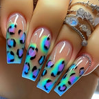 Medium long fake nails for women girls Y2K colorful gradient leopard print Pink green coffee coffin tips press on false nail set