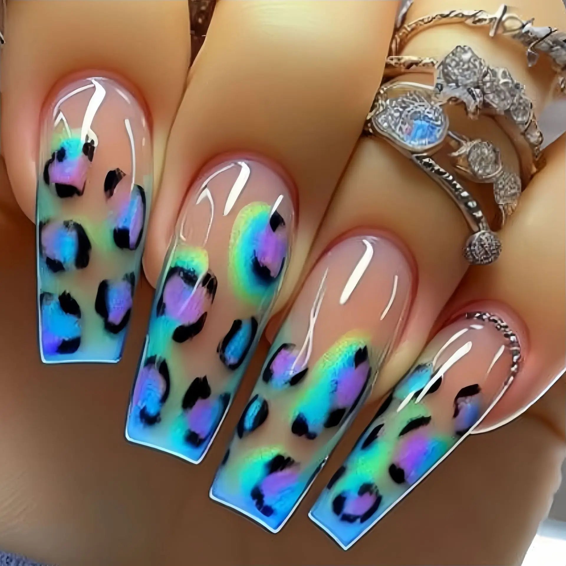 Medium long fake nails for women girls Y2K colorful gradient leopard print Pink green coffee coffin tips press on false nail set