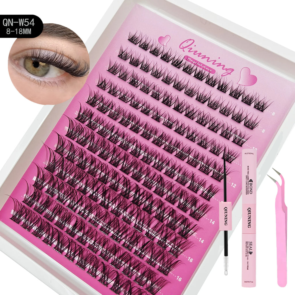 QIUNING Manga Lash Clusters Kit Cat Lashes with Lash Bond & Seal Cluster Eyelash Extensions Mixed Tray Eyelash Clusters Kit