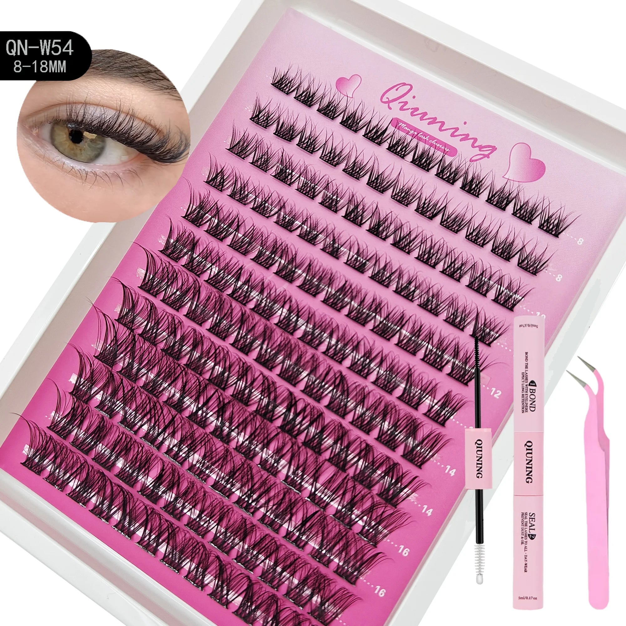 QIUNING Manga Lash Clusters Kit Cat Lashes with Lash Bond & Seal Cluster Eyelash Extensions Mixed Tray Eyelash Clusters Kit