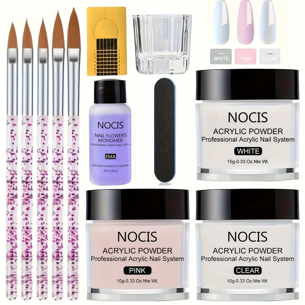 NOCIS Acrylic Nail Kit-Keratin Acrylic Powder with Castor Oil Vitamin E Nail Primer Nail Glue French Tips Pink Rhinestones Complete Tools Everything for Beginners DIY Home Salon Christmas Gift.