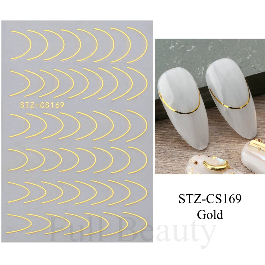 3pcs/set 3D Simple Lines Nail Stickers Rose Gold Metal Stripe Letters Decals Curve Gel Nails Art Sliders Polish Manicure Decor