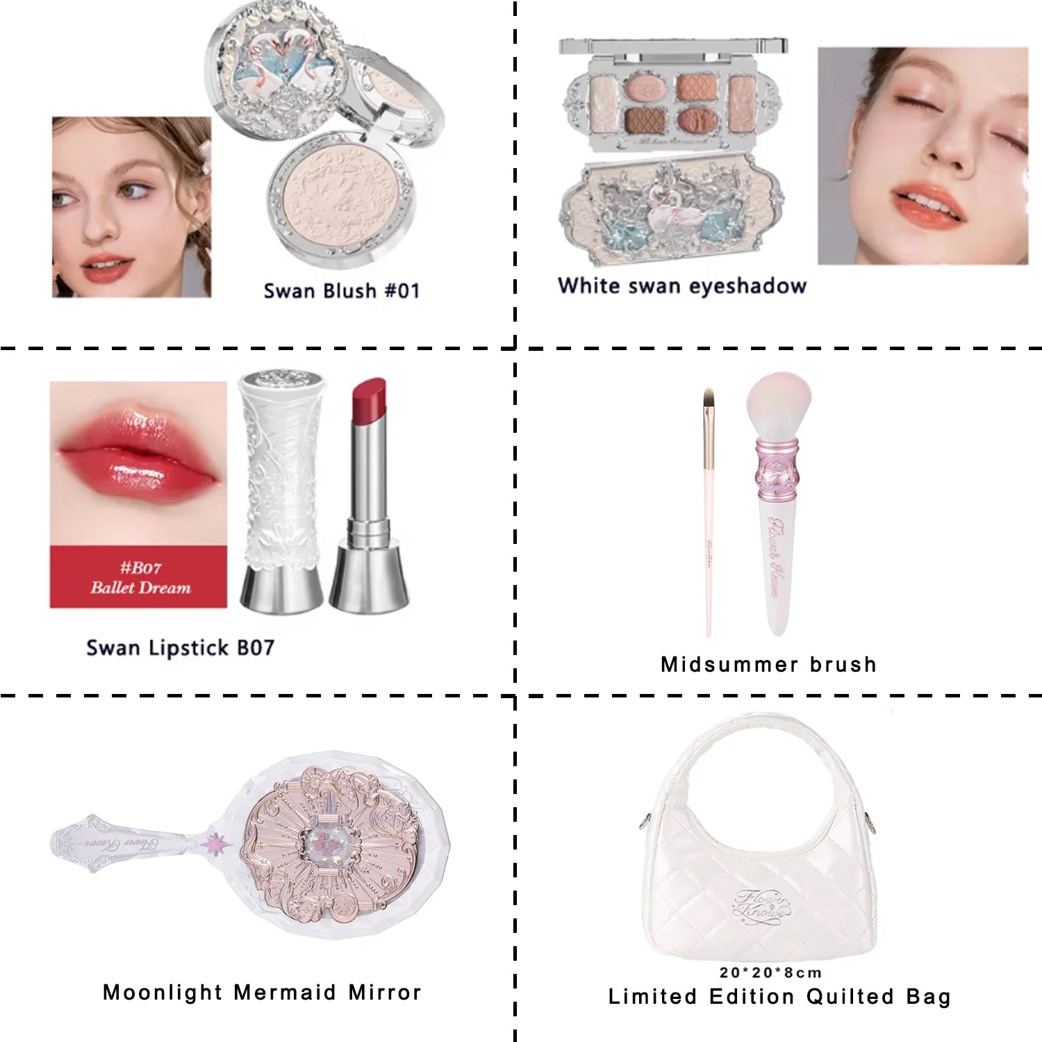 Flower Knows Swan Ballet Collection 6 Color Palette Embossed Blush Shine Lipstick Fairy Tale Ballet Makeup Gift Set