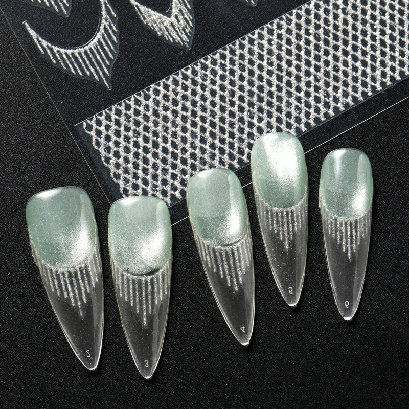 Reflective Glitter French Nail Art Stickers Sparkly Gold Silver Tassel Line Geometric Grids Adhesive Sliders Decals DIY Manicure