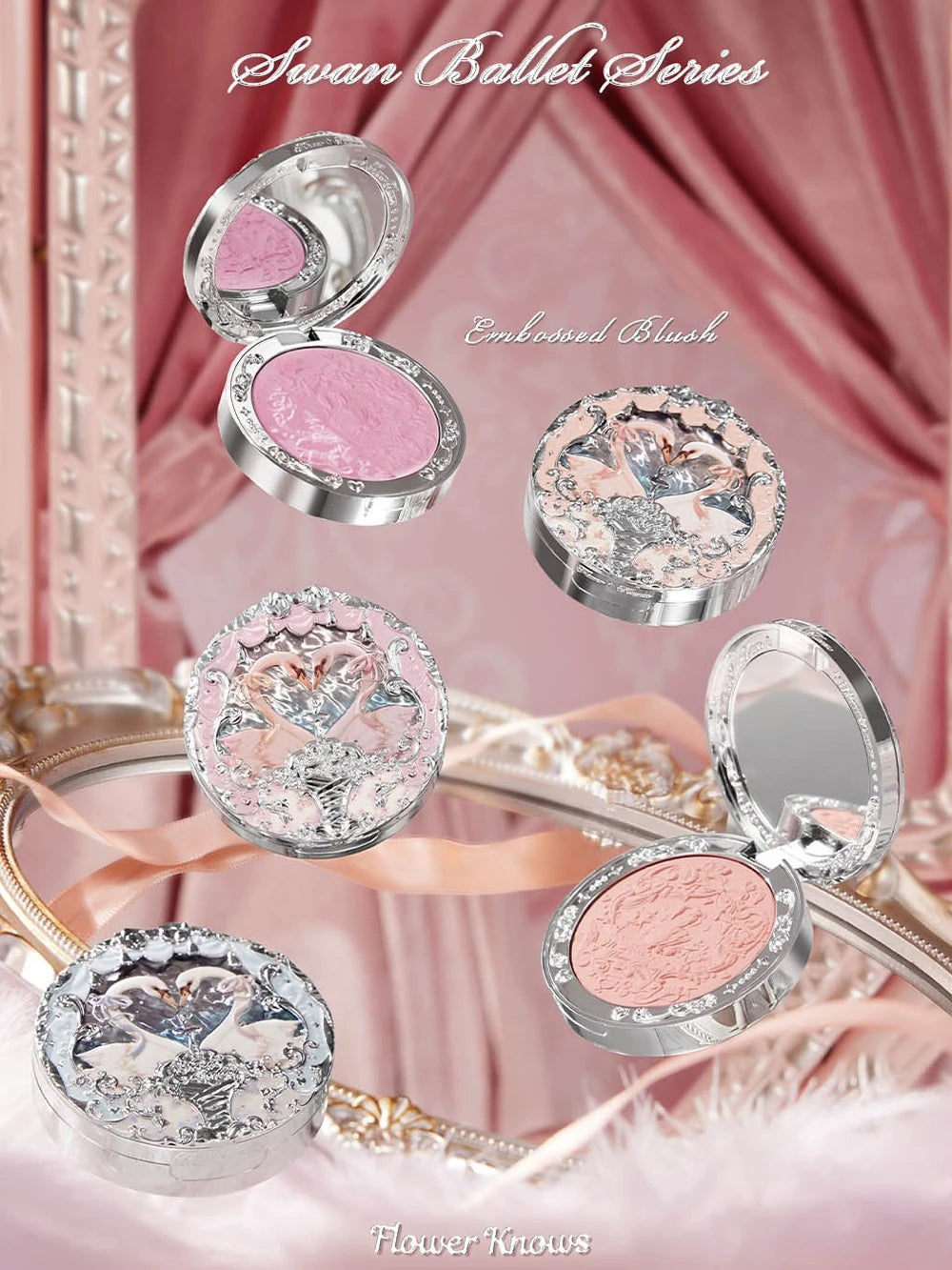 Flower Knows Swan Ballet Collection 6 Color Palette Embossed Blush Shine Lipstick Fairy Tale Ballet Makeup Gift Set