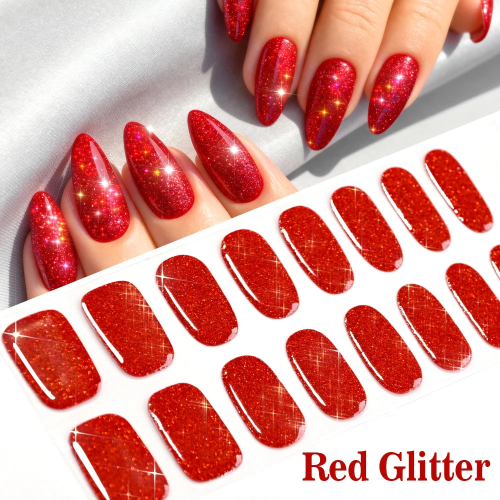16Tips French Black Semi-Cured Nail Stickers With Glitter Long-Lasting UV Gel Nail Polish Wraps Full Cover Nail Art Decals Patch