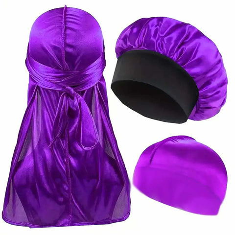 3pcs/set, Durag & Bonnet & Dome Hats, Solid Color Elastic Satin Bonnet Night Cap, Lightweight Pirate Hats
