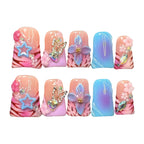10pcs Handmade Fake Nails Duckbill Shaped Press On Nails Colorful Leopard-print French False Nails With 3D Carved Flower Designs