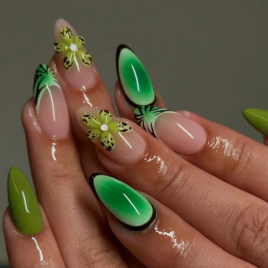 24pcs Tropical Flower Press On Nails Colorful French 3D Crystal Butterfly Shells Pattern Printed False Nails Almond Fake Nail