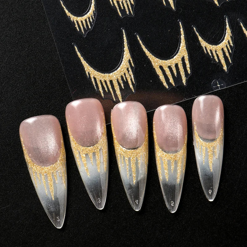 Reflective Glitter French Nail Art Stickers Sparkly Gold Silver Tassel Line Geometric Grids Adhesive Sliders Decals DIY Manicure