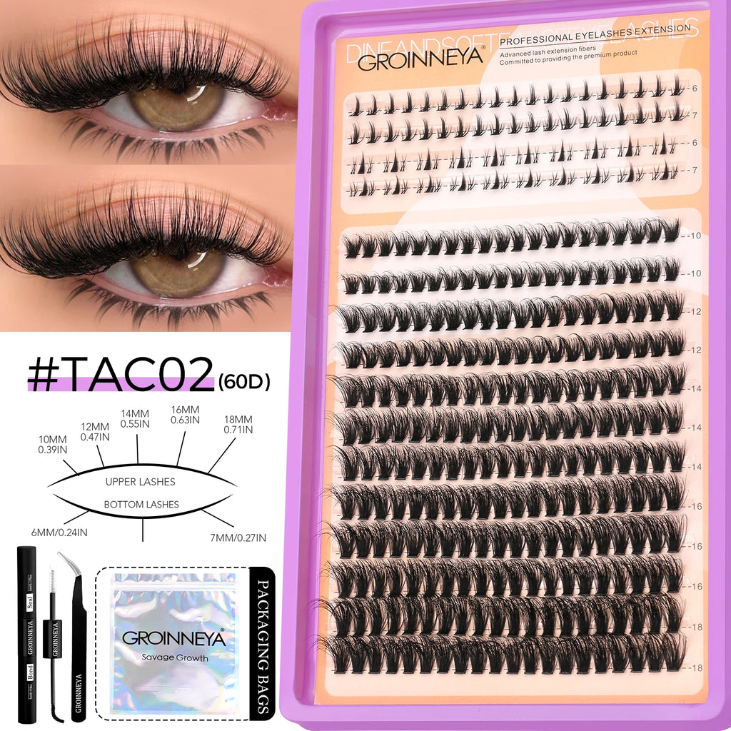 GROINNEYA Lashes Clusters Kit With Lash Bond And Seal And Eyelash Tweezers Waterproof Strong Hold DIY Lash Extension Kit Makeup