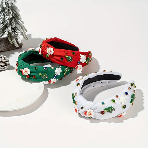 Holiday Christmas Headband - Wide ligature design, sparkling rhinestones, Santa Claus and snowflake pattern