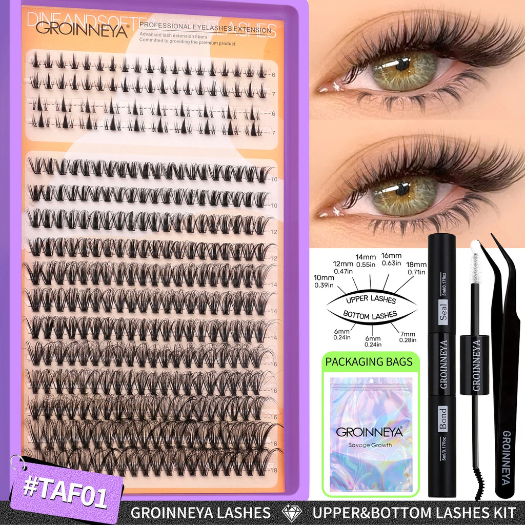 GROINNEYA Lashes Clusters Kit With Lash Bond And Seal And Eyelash Tweezers Waterproof Strong Hold DIY Lash Extension Kit Makeup