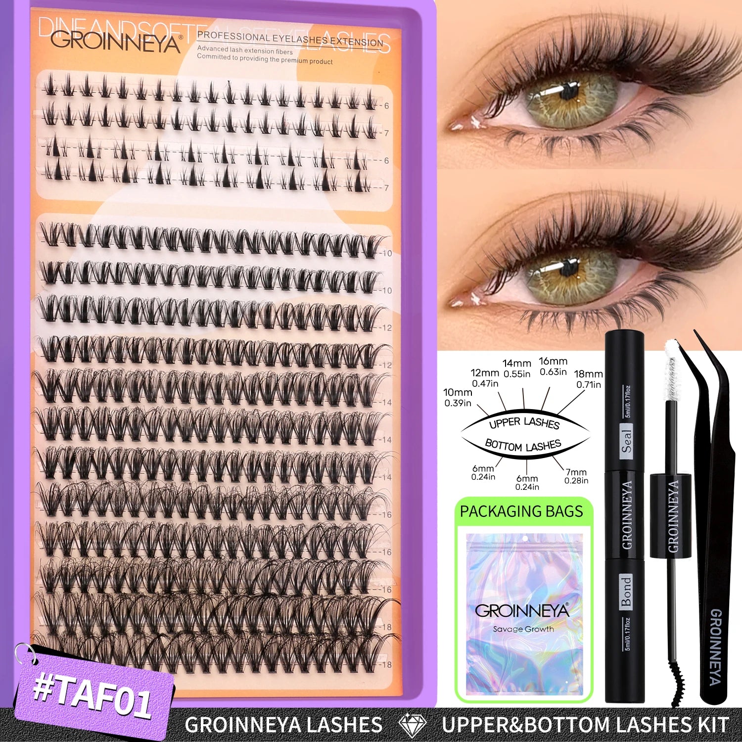 GROINNEYA Lashes Clusters Kit With Lash Bond And Seal And Eyelash Tweezers Waterproof Strong Hold DIY Lash Extension Kit Makeup
