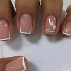 24 PCs Short Square French Heart Simple Nails with 1 Jelly Glue and 1 Nail File
