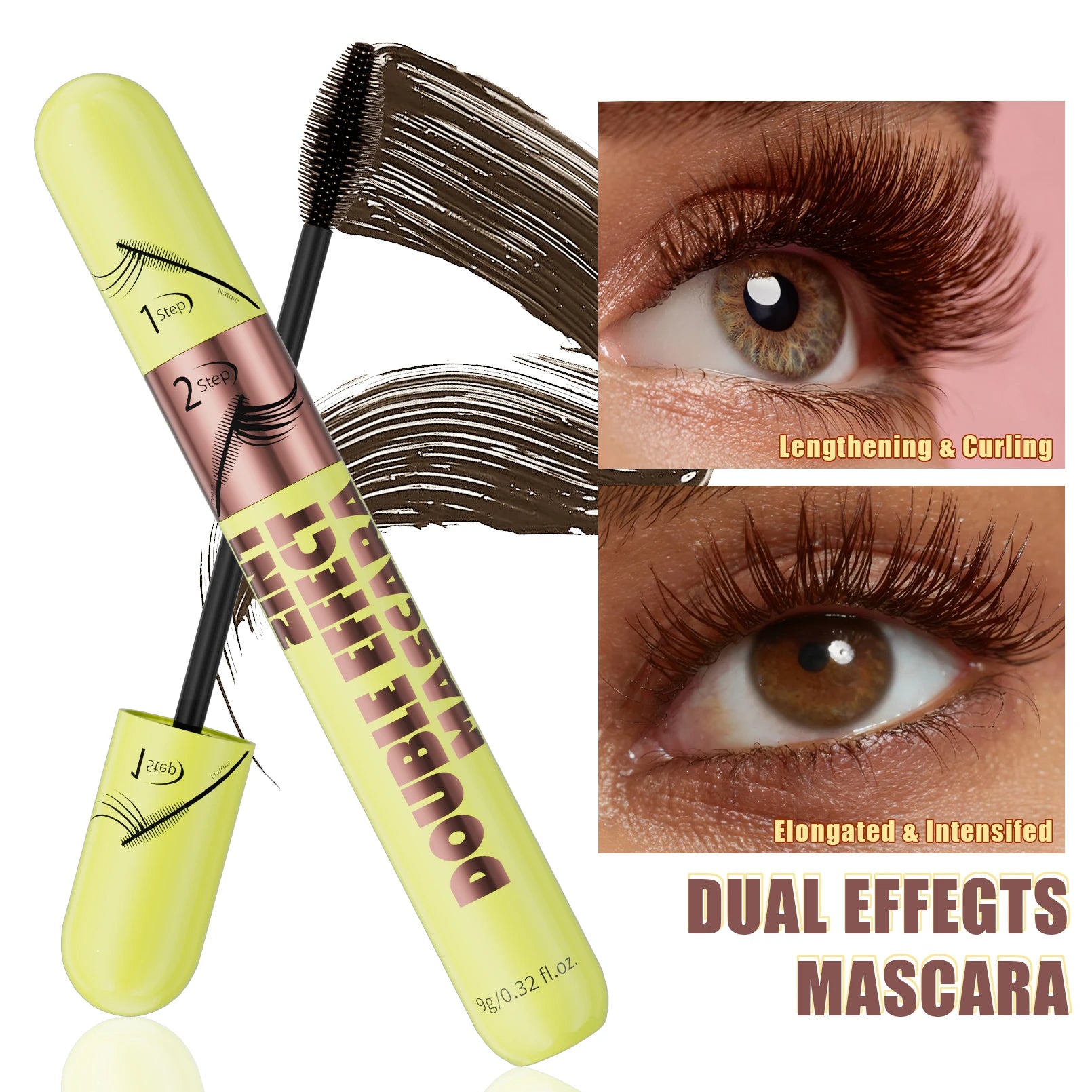 [Dual Brush Heads Brown Mascara] Waterproof Brown Mascara with Dual Brush Heads - Smudge-Proof, Clump-Free for Longer