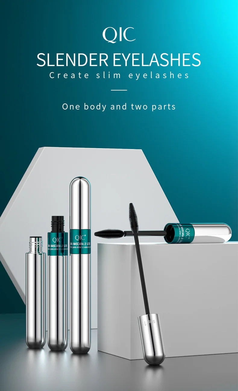 QIC Double Effect 4D Mascara Waterproof Long Curl Natural Thick Eyelash 2-in-1 Black Mascara with 2 Brush Heads